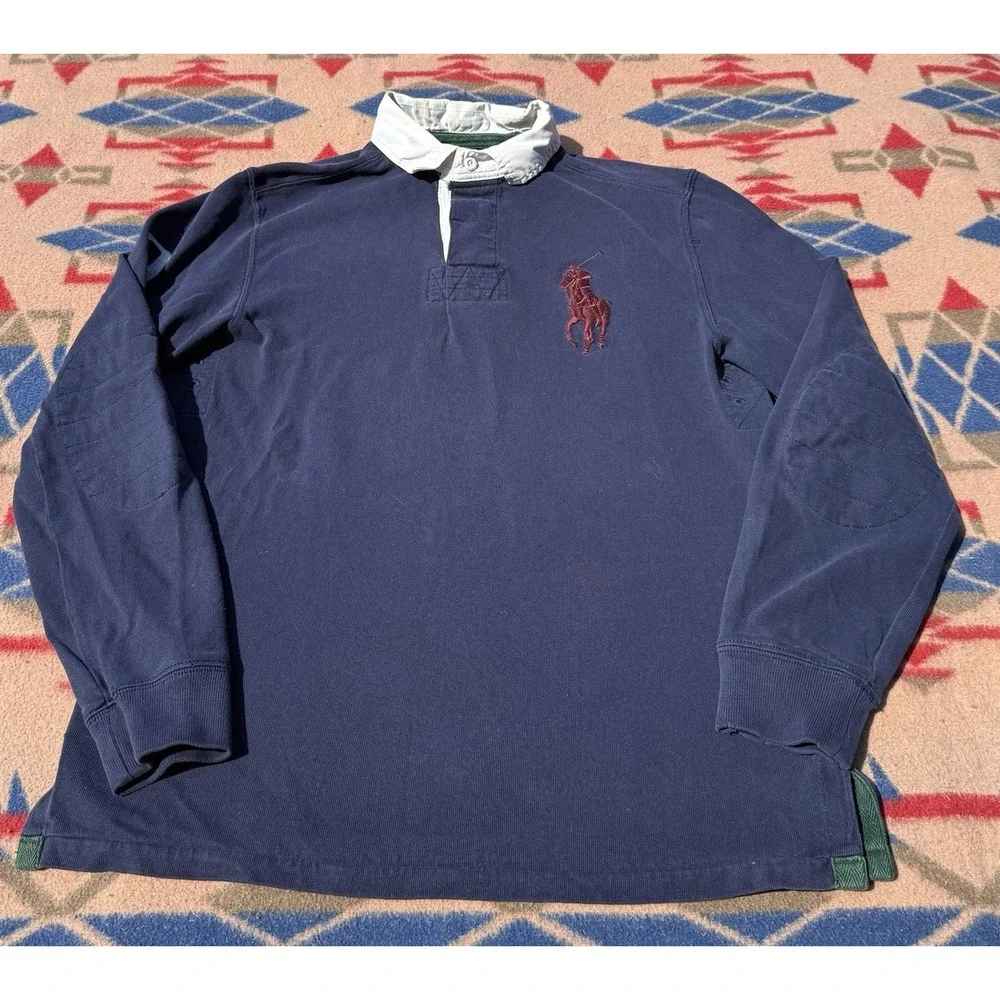 Polo Ralph Lauren Big Pony Rugby 90s Elbow Patch #2 Men's Small‎ Navy Blue